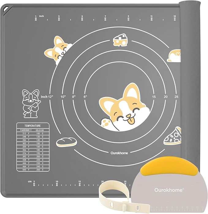 Ourokhome Silicone Baking Mat Sheet and Pastry Dough Cutter, 0.5 Inch Thick 28" X 20" BPA free Silicone Rolling Mat, Non-Stick and Anti-Slip, Dishwasher Safe (Gray)