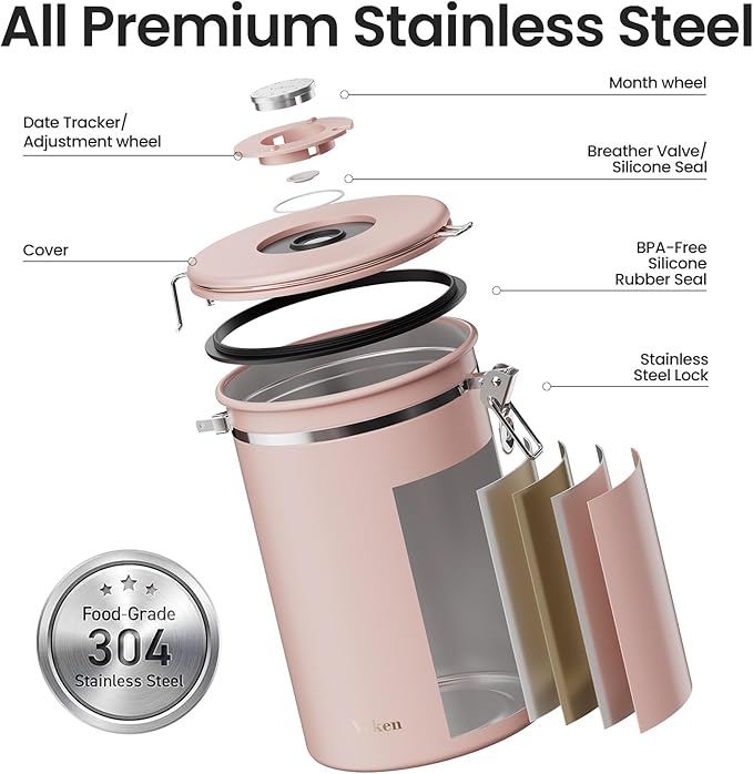 Veken Coffee Canister, 39OZ Large, Airtight Stainless Steel Food Storage Container for 2.2lbs Coffee Beans, Ground, Sugar, Tea, Cookie,Flour, Kitchen Bar Accessories with Date Tracker & Scoop, Pink