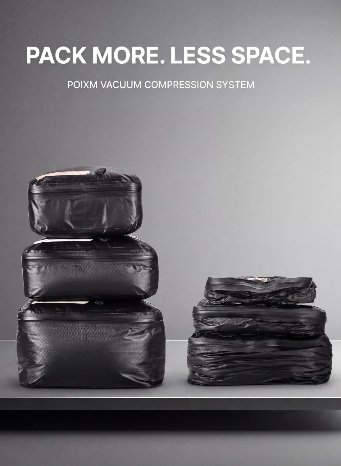 POIXM Vacuum Bags for Travel with Wireless Pump, 180° Open Zipper, IP67 Waterproof, Reusable Space Saver Compression Bags for Backpack, Suitcase, Home Storage(1 Pack + Pump)