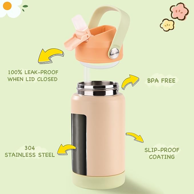 Kerilyn 12oz Kids Water Bottle, Stainless Steel Insulated Water Bottle for Kids, Toddler Cup with Straws Leak-Proof, Toddler Water Bottles for School Boys Girls, BPA Free, Cantaloupe