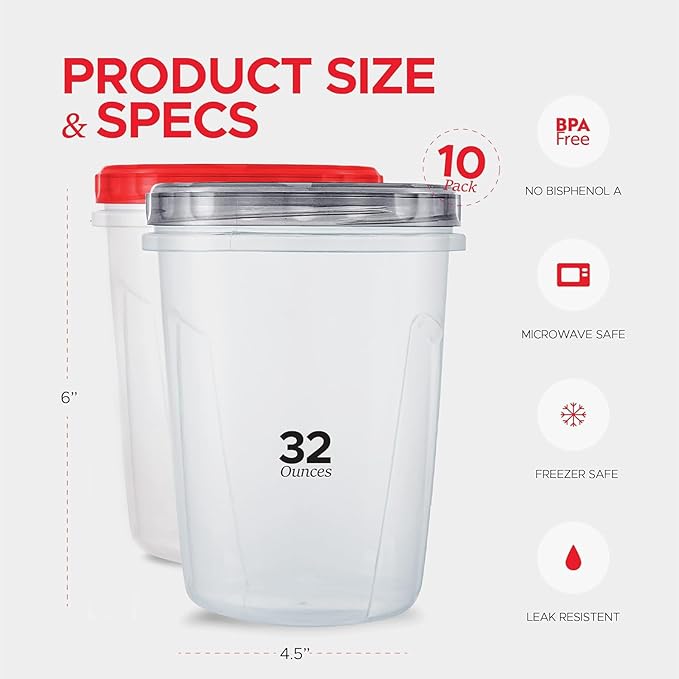 Tafura 10 Pack Leakproof Freezer Containers for Food with Twist Top Lids - 32 Oz BPA Free - Black/Red Lids