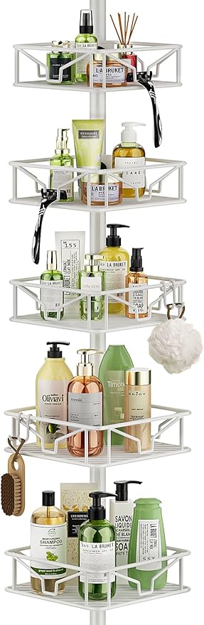 Skycarper 5 Tier Adjustable Corner Shower Caddy Organizer with Hooks,Rustproof Tension Pole 62-116 Inch,White
