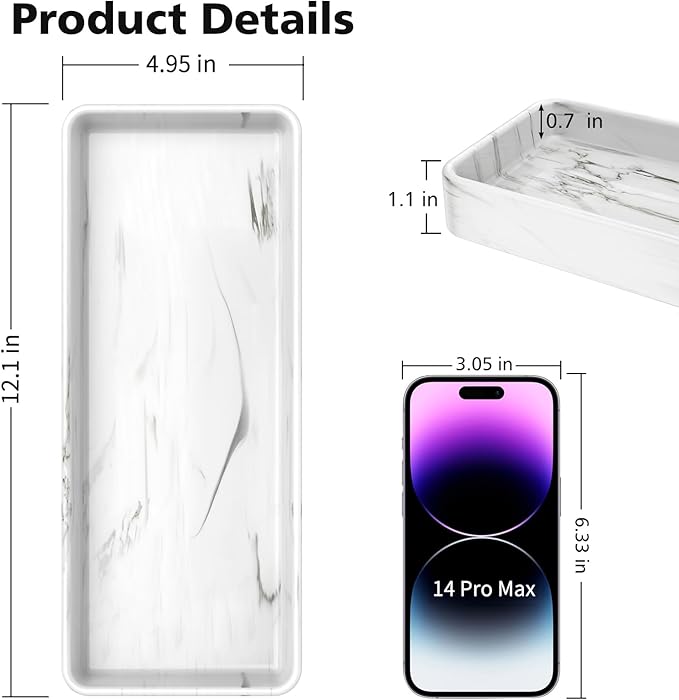 Gurygo 12" Ceramic Bathroom Vanity Tray for Kitchen Counter - Kitchen Soap Trays - Rectangular Vanity Tray for Bathroom - Porcelain Large Serving Trays (Marble, Set/1)