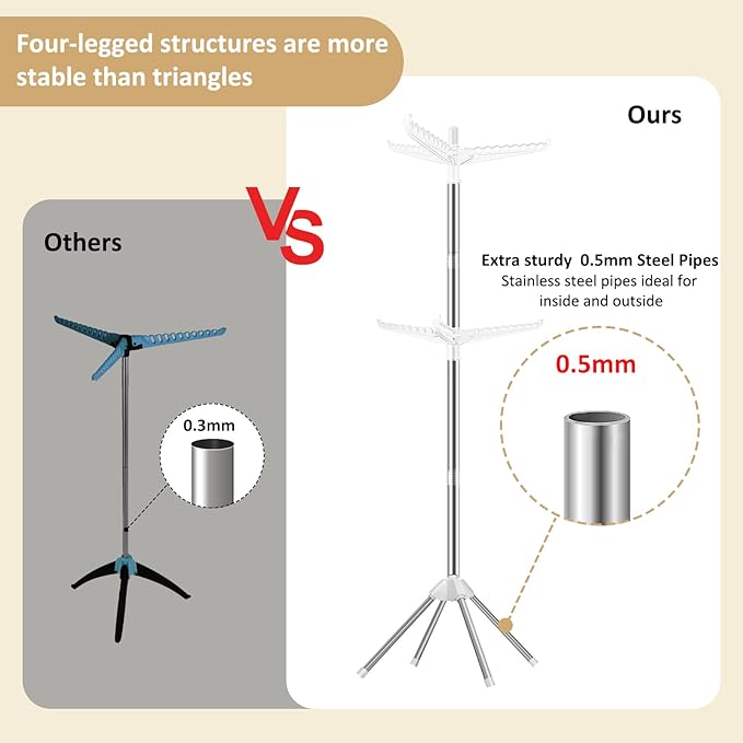 SUYU Clothes Drying Rack,Folding Clothes Drying Tree, 2 Layer with 6 Rotatable Arms,72-Inch Indoor Clothes Rack,Stainless Steel,4 Legs,White and Silver SNJ202