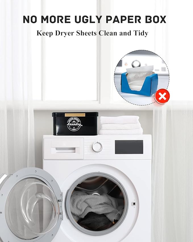 Dryer Sheet Holder Container for Laundry Room Organization, Farmhouse Laundry Organization and Storage, Metal Dryer Sheet Dispenser for Laundry Room Decor (Black)