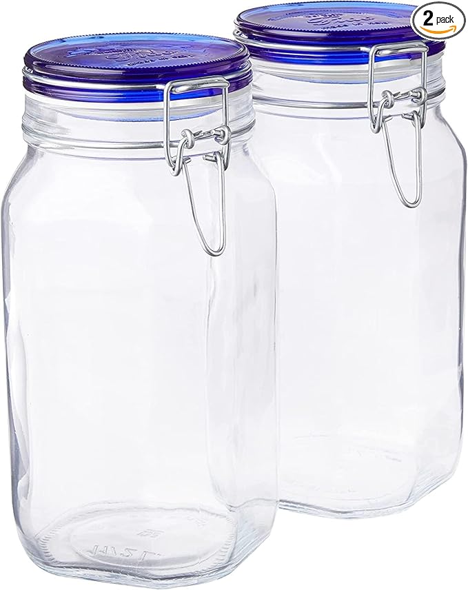 Bormioli Rocco Fido Glass Canning Jars, Blue Lids – 67.75 oz Airtight Containers with Clamp Lock Canisters for Preserving Vegetables, Sauces & Cooking “Au Bain-Marie” – Dishwasher Safe (Set of 2)