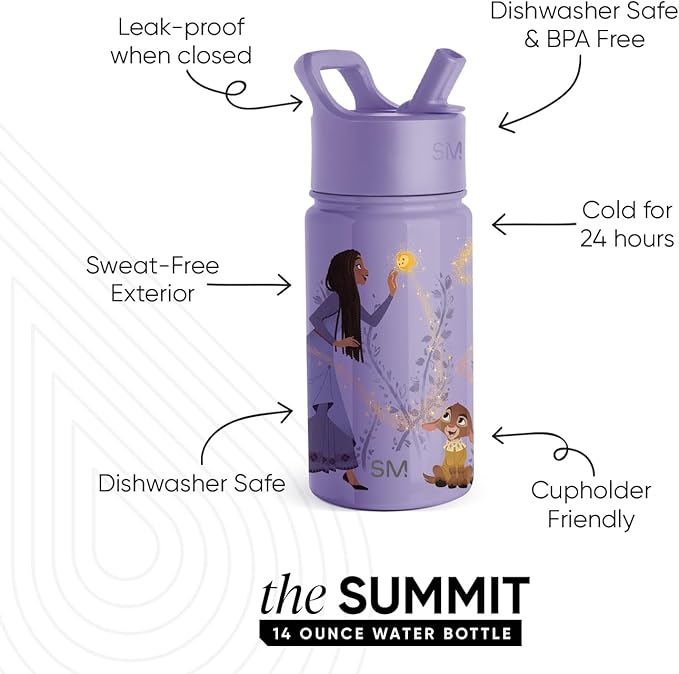 Simple Modern Kids Summit Water Bottle with Straw Lid | Disney Wish 14oz Stainless Steel Cup Insulated Tumbler for Girls, School | Asha's Adventure