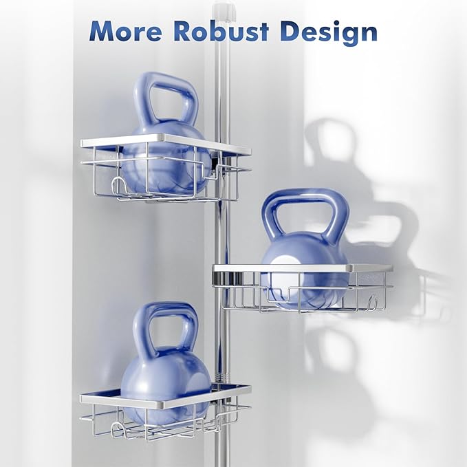 Shower Caddy Corner Tension Pole, Stainless Steel Rustproof 6 Shelves Bathroom Organizer with Towel Bar & Toothbrush Holder, Adjustable Shower Shelf for Renters - Family Stand Storage Rack