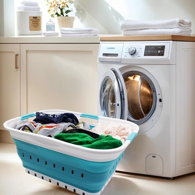 SAMMART 42L Collapsible Plastic Laundry Basket - Foldable Pop Up Storage Container/Organizer - Space Saving Hamper/Basket (1, White/Bright Blue)