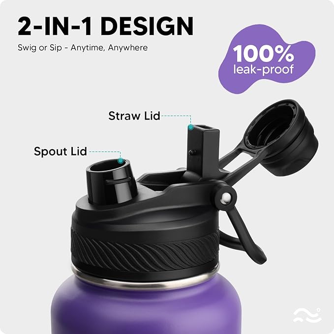 [2-IN-1 LID] Insulated Water Bottle with Silicone Boot (36hrs Cold/18hrs Hot) - DIY Stickers, Leakproof, BPA Free, 40 oz