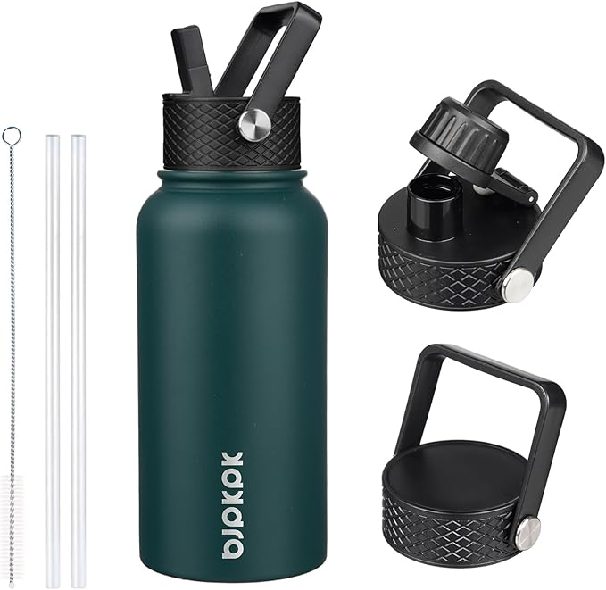 BJPKPK Insulated Water Bottles with Straw Lid, 27oz Stainless Steel Water Bottle with 3 Lids, Leak Proof BPA Free Metal Thermo, Mugs, Tumblers, Keep Cold Hot - Army Green