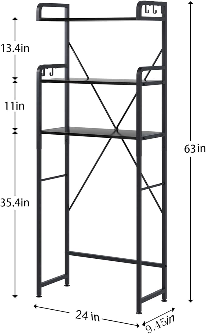 Over-The-Toilet Storage Rack with 3-Tier Shelves, Space Saver Toilet Shelf, Bathroom Storage Organizer with Hooks for Over-Toilet Storage (Black)