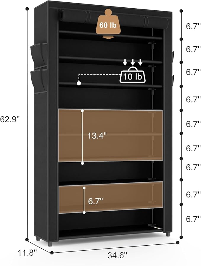 Shoe Rack with Cover Narrow Shoe Organizer with Pockets 10 Tier Tall Shoe Storage Holds 36-41 Pairs Shoes and Boots Shoe Rack for Closet Entryway Garage, Black