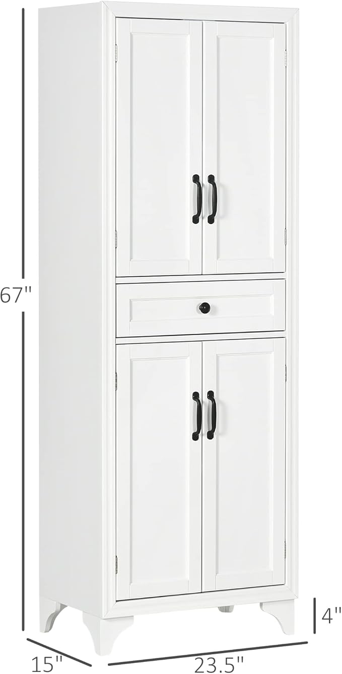 HOMCOM 67" Tall Freestanding Kitchen Pantry Cabinet 4-Door Drawer White