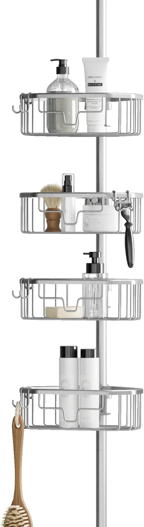 Zenna Home Tension Pole Shower Caddy Corner Organizer, Adjustable Standing Shower Caddy with 4 Shelves, Rustproof Bathroom Tension Rod Organizer, 60 to 108 Inch, Satin Chrome