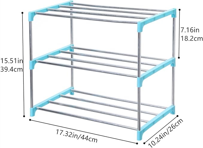 Stackable Small Shoe Rack, Entryway, Hallway and Closet Space Saving Storage and Organization (3-Tier, Blue)