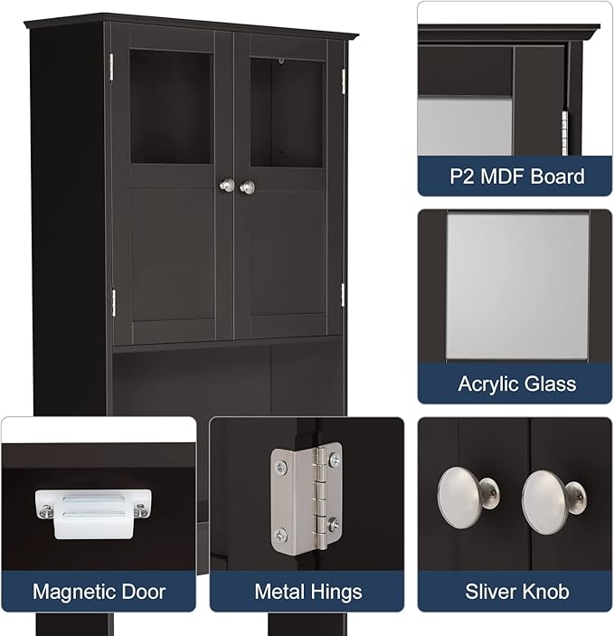 Bonnlo Over The Toilet Storage Cabinet Bathroom Behind Toilet Shelf Towel Storage Freestanding Organizer Space Saver with Double Door Glass Window Cabinet Tower with Adjustable Shelf (Brown)