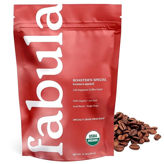 Fabula Organic Decaf Coffee Beans - Swiss Water Process - Low Acid Whole Bean Coffee - Medium Roast - Mold Free, Non-GMO & Single Origin - 12 oz