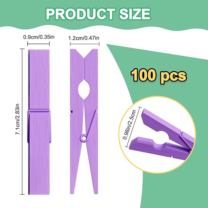100Pcs Purple Clothespins, 2.9 Inch Clothes Pins Wooden, Colorful Clothespins for Hanging Clothes Crafts Picture Laundry