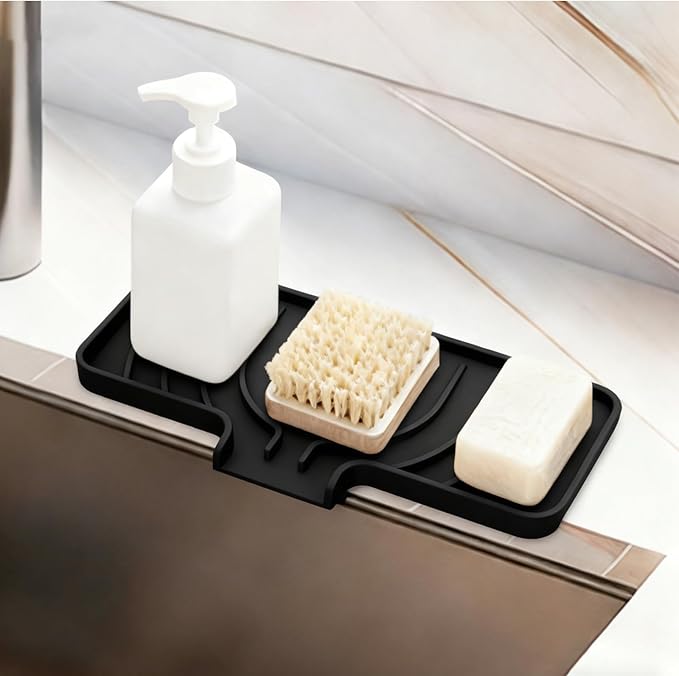 GUUKIN Sponge Holder for Kitchen Sink , 9.8"×4.9" Silicone Dish Drying Mat, Scrub Daddy Holder, Kitchen Sink Accessories, Suitable for Kitchens & Bathrooms (Black)