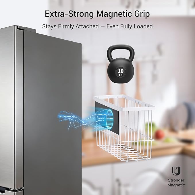 2 Pcs Magnetic Basket Fridge Dryer Ball Holder for Laundry Room Organization and Storage, Magnetic Lint Bin Home Organization for Laundry Room, Kitchen & Office Class School (White, L&XL-2pcs)