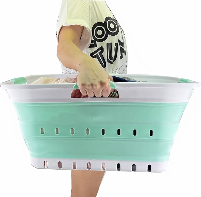 SAMMART 42L (11 gallon) Collapsible Plastic Laundry Basket - Foldable Pop Up Storage Container/Organizer - Portable Washing Tub - Space Saving Hamper/Basket (White/Pale Jade)