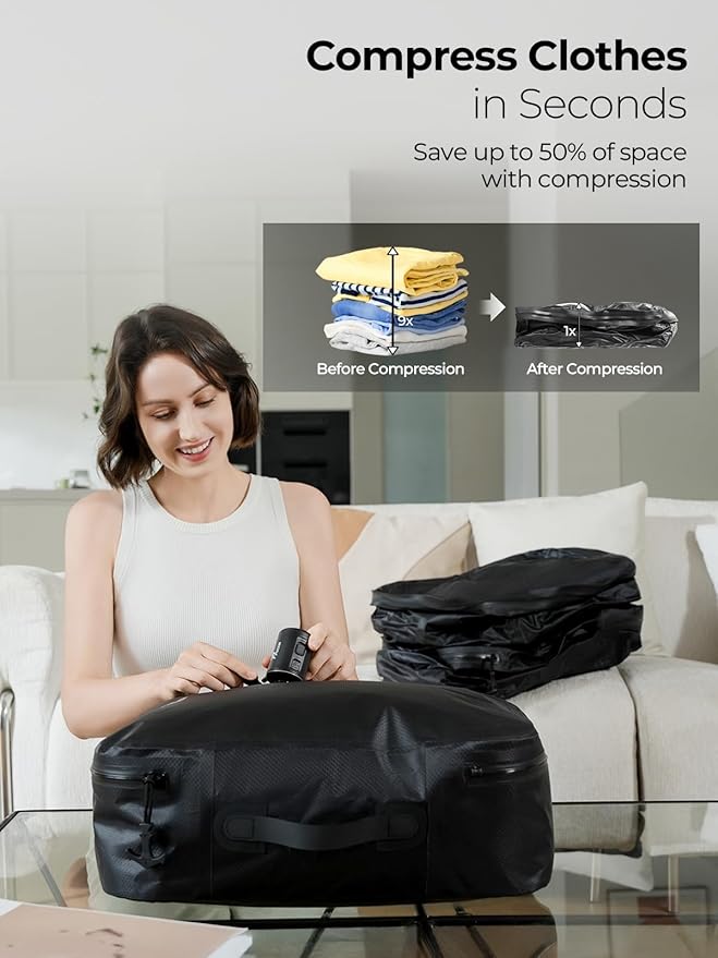 POIXM Vacuum Bags for Travel with Wireless Pump, 180° Open Zipper, IP67 Waterproof, Reusable Space Saver Compression Bags for Backpack, Suitcase, Home Storage(3 Pack + Pump)