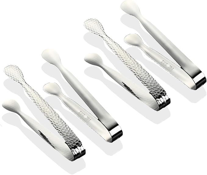 6Pcs 4.3" Stainless Steel Mini Ice Tongs – Ideal for coffee bars, tea parties, dessert events & kitchen use (sugar/ice buckets, appetizers). Available in shiny/textured surface styles for versatile