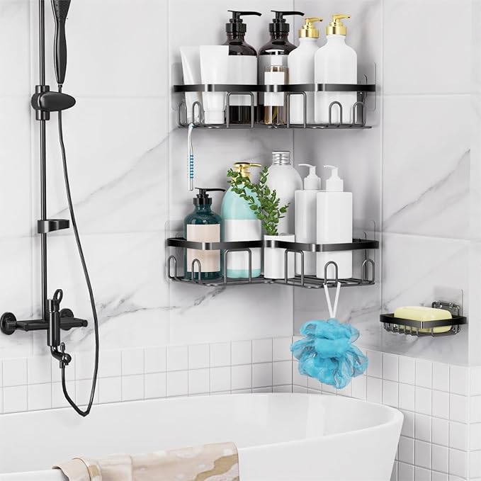 Moforoco Corner Shower Caddy Shelf Organizer Rack, Self Adhesive Black Bathroom Shelves Basket, Home Wall Shower Inside Organization and Storage Decor Rv Accessories, First Apartment Essentials(Black)
