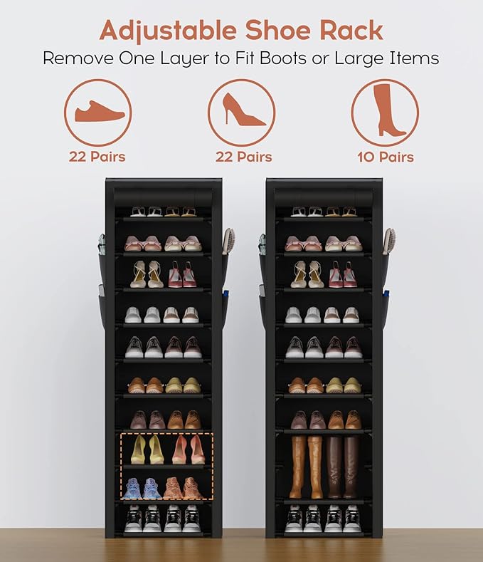 VTRIN Vertical Narrow Shoe Rack Organizer 10 Tier Tall Shoe Shelf Holds 20-22 Pairs with Non-Woven Dustproof Cover for Closet, Entryway Black