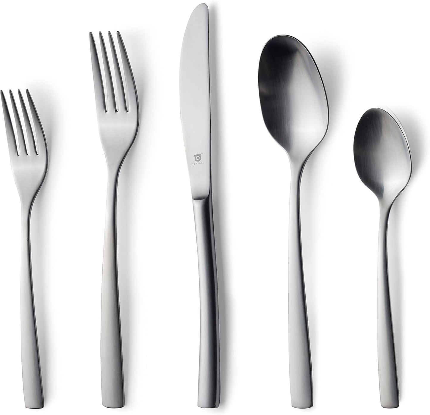 Danialli Matte Silverware Set, 18/10 Stainless Steel Satin Flatware, Modern Brushed Finish Cutlery, Dishwasher Safe & Durable, Built to Last (40-Piece, Marettimo)