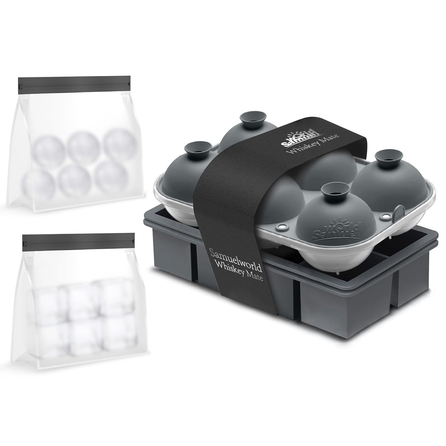 Samuelworld Premium Ice Tray Combo, Large Ice Sphere Maker & Giant Ice Cube Trays, 2 Packs, Food Grade, Easy To Use, Spill-Free Integrated Funnels, Whiskey Bourbon Cocktails (Black)
