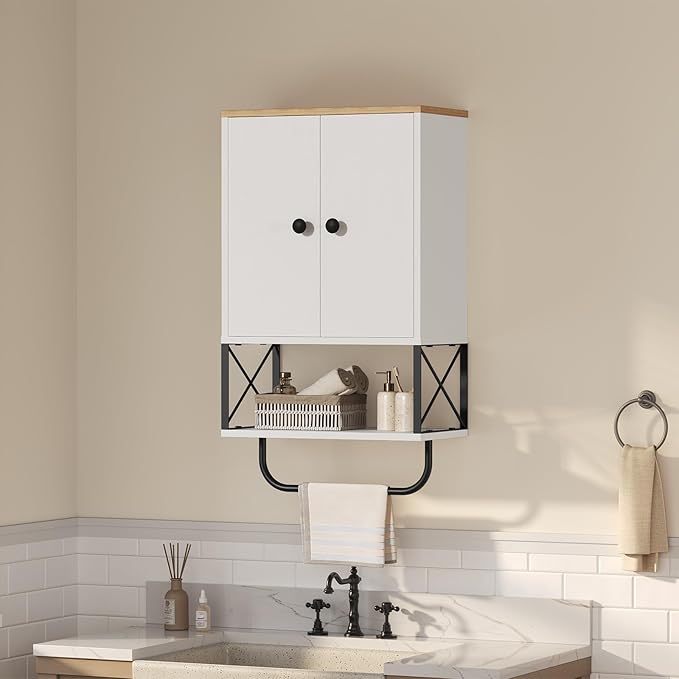 Bathroom Wall Cabinet with 2 Door and Adjustable Shelf, Medicine Cabinet with Towel Rack, 3-Tier Wall Mounted Storage Cabinet Over The Toilet for Bathroom Laundry Room, White and Natural