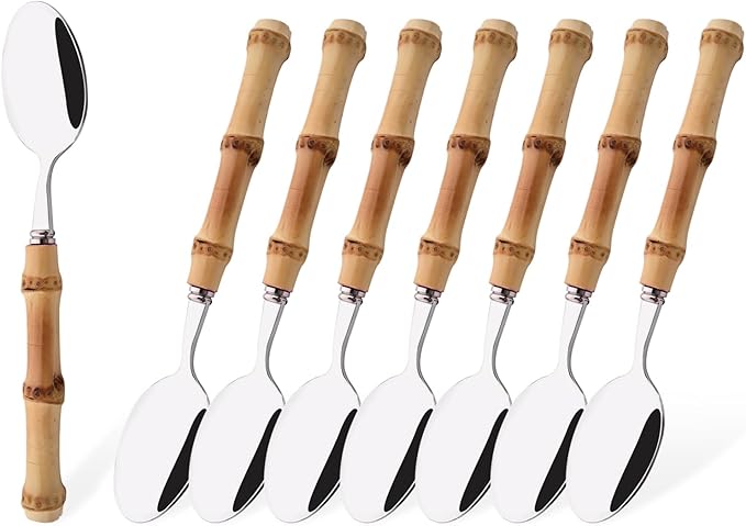 Uniturcky 8 PCS Small Fork, 6.3 Inches Stainless Steel Dessert Forks with Bamboo Handle, Kitchen Flatware Cutlery Set, Use for Tasting Cakes Fruits and Appetizer, Mirror Polished