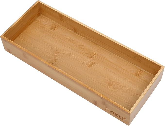 PRATIQUE Bamboo Drawer Organizer - Kitchen Utensil Organizer Silverware Tray Cutlery Holder，Office Desk Supplies and Accessories (12x3x2.6 inch)