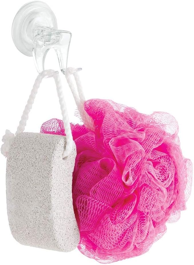 iDesign Plastic Power Lock Suction Bathroom Shower Hooks for Razor, Loofah, Wash Cloth, 2.25" x 2.25" x 2.5", Clear