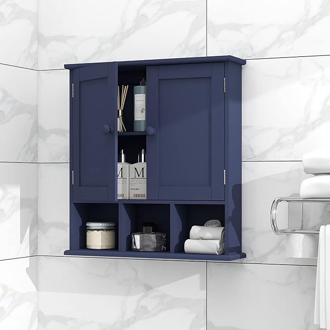 TaoHFE Blue Bathroom Over The Toilet Storage Cabinet,Wall Medicine Cabinet Organizer with 2 Door Adjustable Shelves,Wooden Modern Bathroom Shelves Wall Mounted Laundry Room
