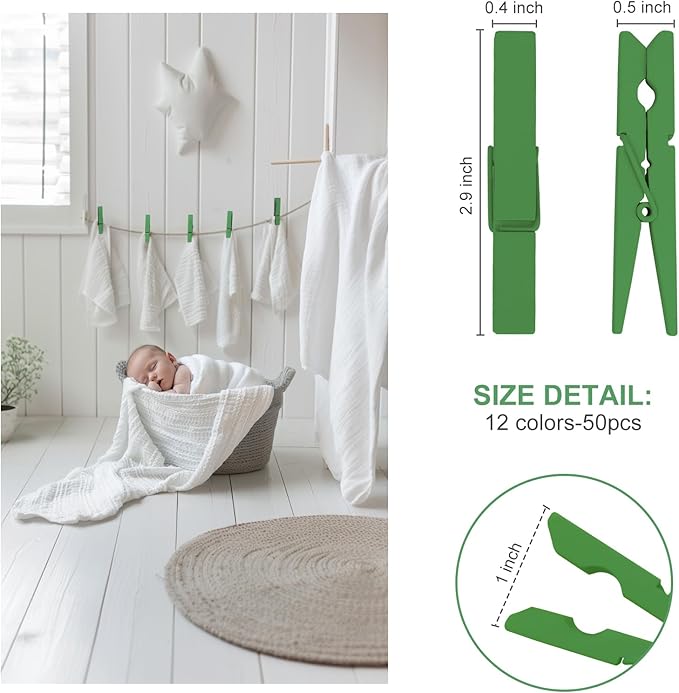 Colored Clothes pins 2.9inch 50PCS Green, Colorful ClothesPins Wooden Clips for Photos Pictures Decorative Crafts, Decoration clothespins Clothing Hanging clothespins 2.9inch 50PCS (Green)