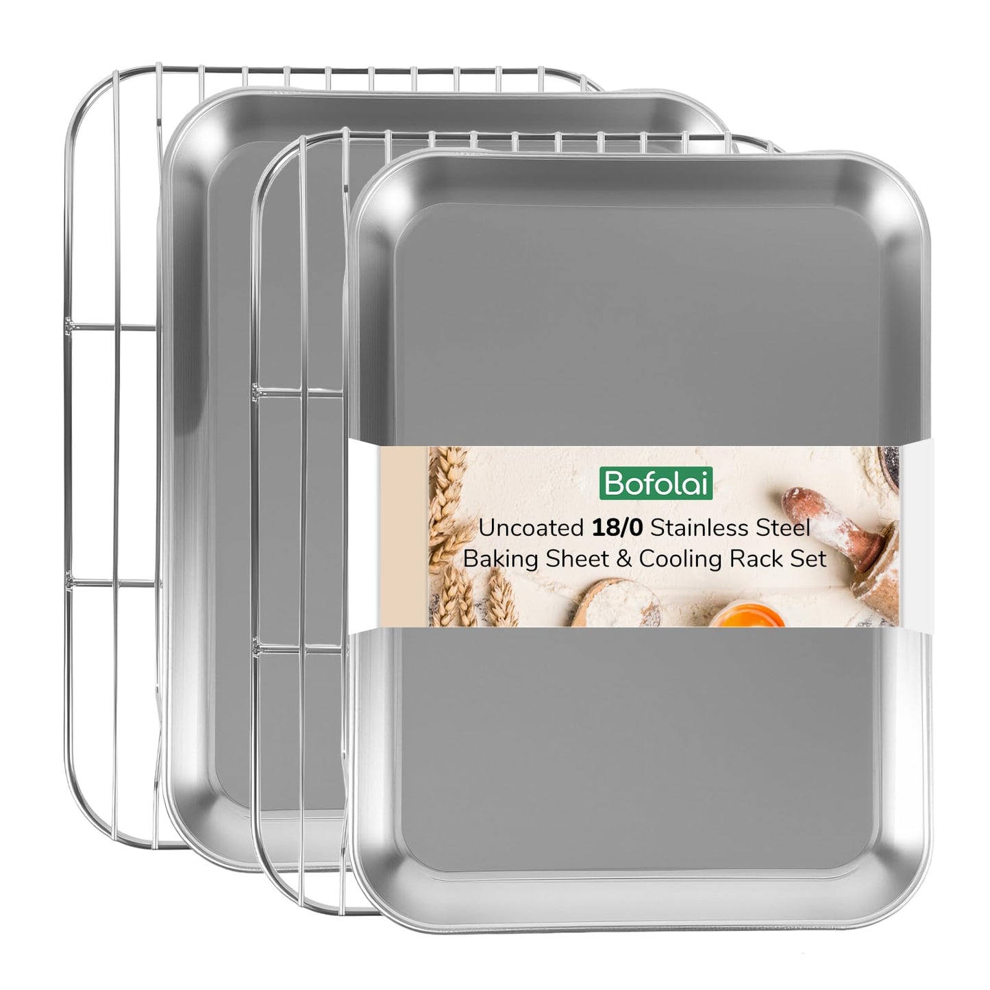 Bofolai 18/0 Stainless Steel Baking Sheet with Cooling Rack, Oven-Safe Non-Toxic Cookie Sheets for Baking, Set of 6, Coating Free & Rust Resistant for Healthy Family Baking, Easy to Clean, Heavy-Duty