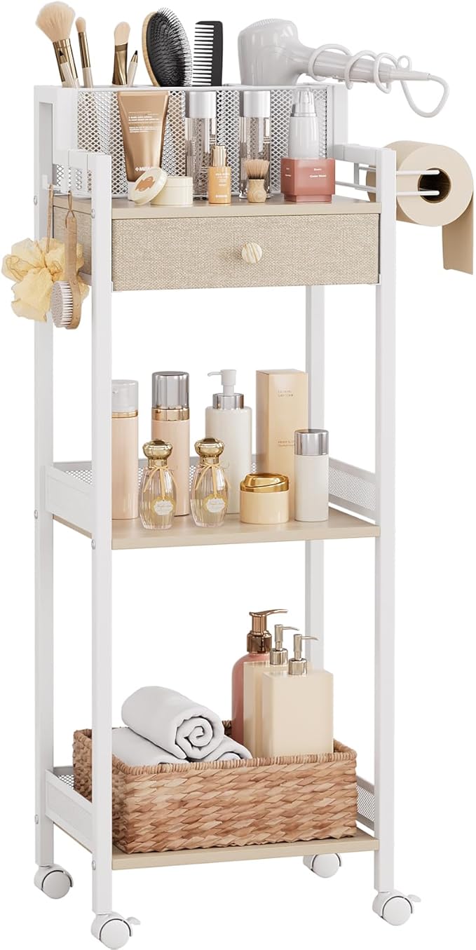 3 Tier Rolling Utility Cart Organizer with Removable Drawer, 12.8in Large Floor Makeup Skincare Organizers Cosmetics Display Cases Holder for Hair Tool, Kitchen, Bathroom, Laundry Room Organization