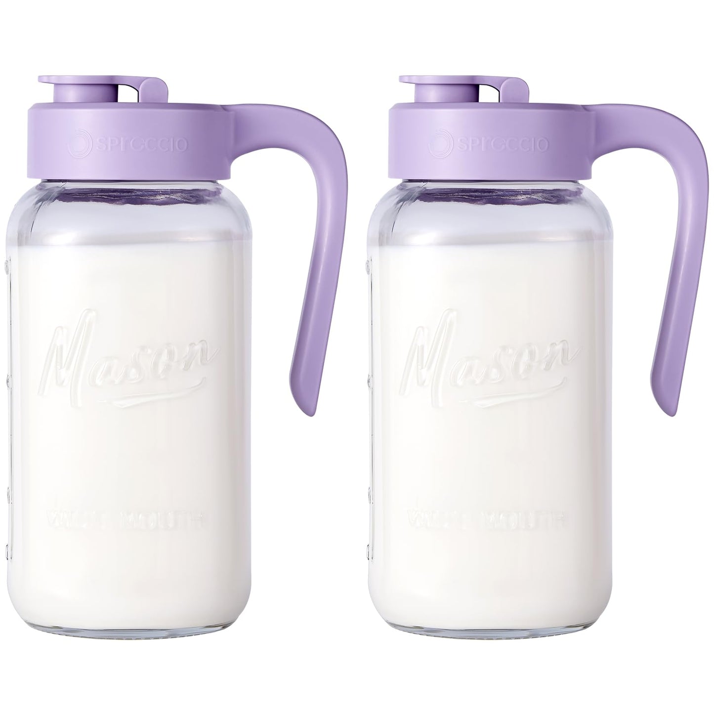 Spreccio Mason Jar Pitcher, 2 pcs 64 oz (2 quart), Glass Pitcher with Lid