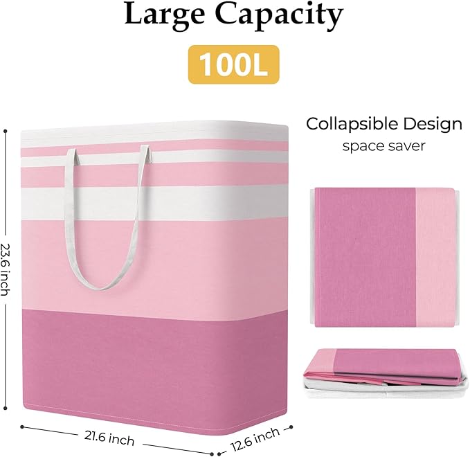 StorageRight Large Collapsible Laundry Basket Hamper with Easy Carry Handles，Freestanding Clothes Hampers for Laundry, Bedroom, Dorm, Towels, Toys, 100L, Pink