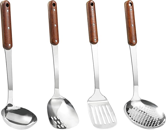 FJNATINH Stainless Steel Wok Spatula,Slotted Spatulas,Ladle,Skimmer Ladle Tool Set,Mirror Polished Cooking Utensils Kitchen Cookware, Pack of 4,Black