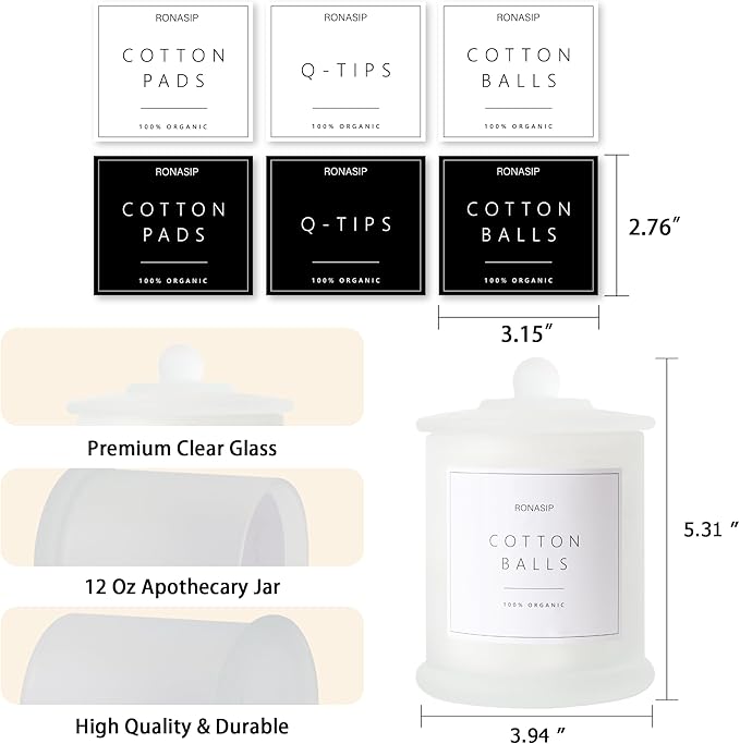 3 Pack Qtip Holder Dispenser, 16oz Bathroom Organizer and Storage Canisters, Glass Apothecary Jars with Lid - Home Decor, Room Decor Aesthetic (Frosted White)
