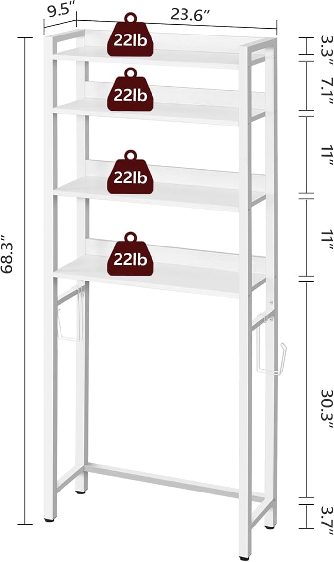 Over The Toilet Storage Rack, 4 Tier Bathroom Organizer Over Toilet, Freestanding Space Saver Toilet Stand with 2 Hooks, Bathroom Storage Shelf, Easy to Assemble, White TSBW0401