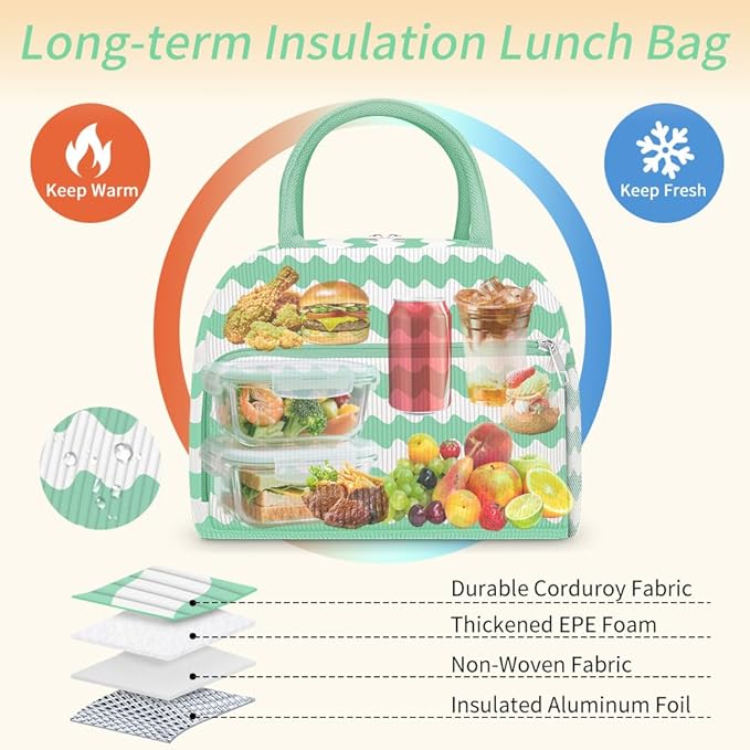 Coobiiya Lunch Bag for Women Men, Cute Lunch Tote Bags Insulated Reusable LunchBox Large Capacity Cooler Bag for Work Travel Picnic Green white