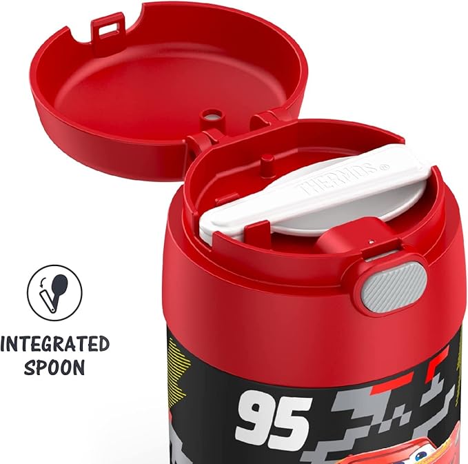 THERMOS FUNTAINER Insulated Food Jar, 10 Ounce, Kid Friendly Food Jar with Foldable Spoon, Cars