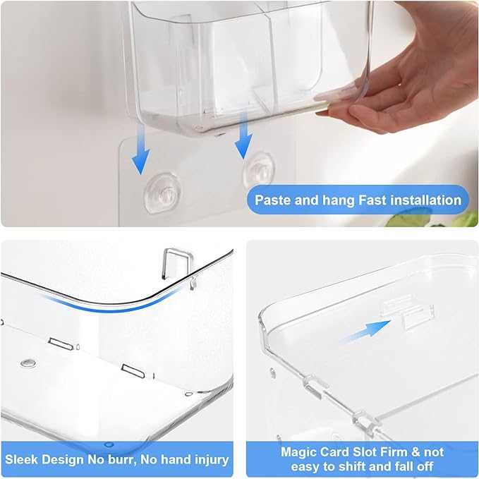 Diesisa 2pc Acrylic Wall Mount Organizer, Adhesive Clear Cabinet Door Organizer,Bathroom Shelves for Wall,No Drilling Hang Walls,with 2 Compartments, for Bathroom, Kitchen, Living Room