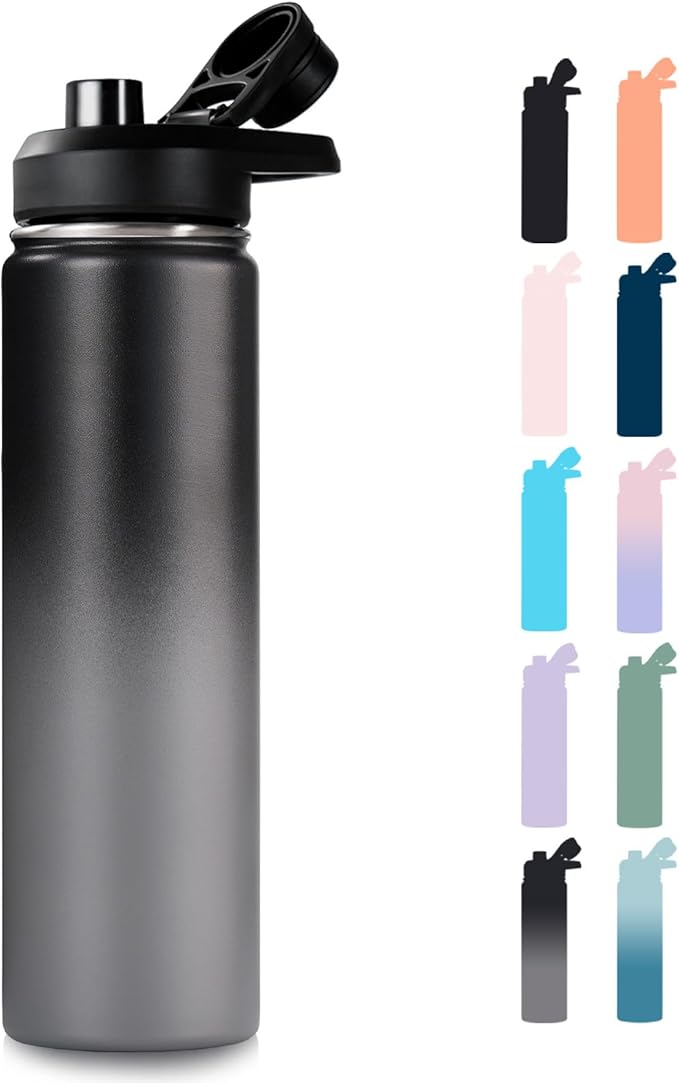 24 oz Insulated Water Bottle with Handle, 304 Stainless Steel Water Bottles with Wide Mouth, Double Wall Vacuum Sports Water Bottle, BPA Free, Keep Cold and Hot, Black/Gray