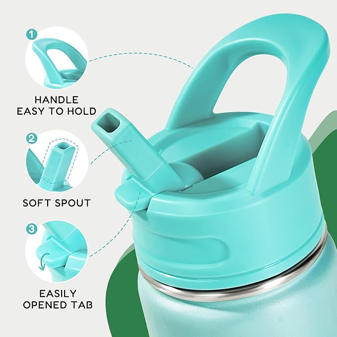 12oz Kids Water Bottle for School, Toddler Water Bottles with Straws, Insulated Water Bottles for Boys&Girls, Stainless Steel Vacuum Insulated Bottle for Kids, Leak-Proof, BPA-Free, Green Gradient